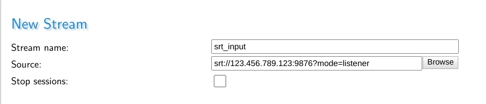 Interface example of using Haivison SRT in listener mode setting the mode specifically